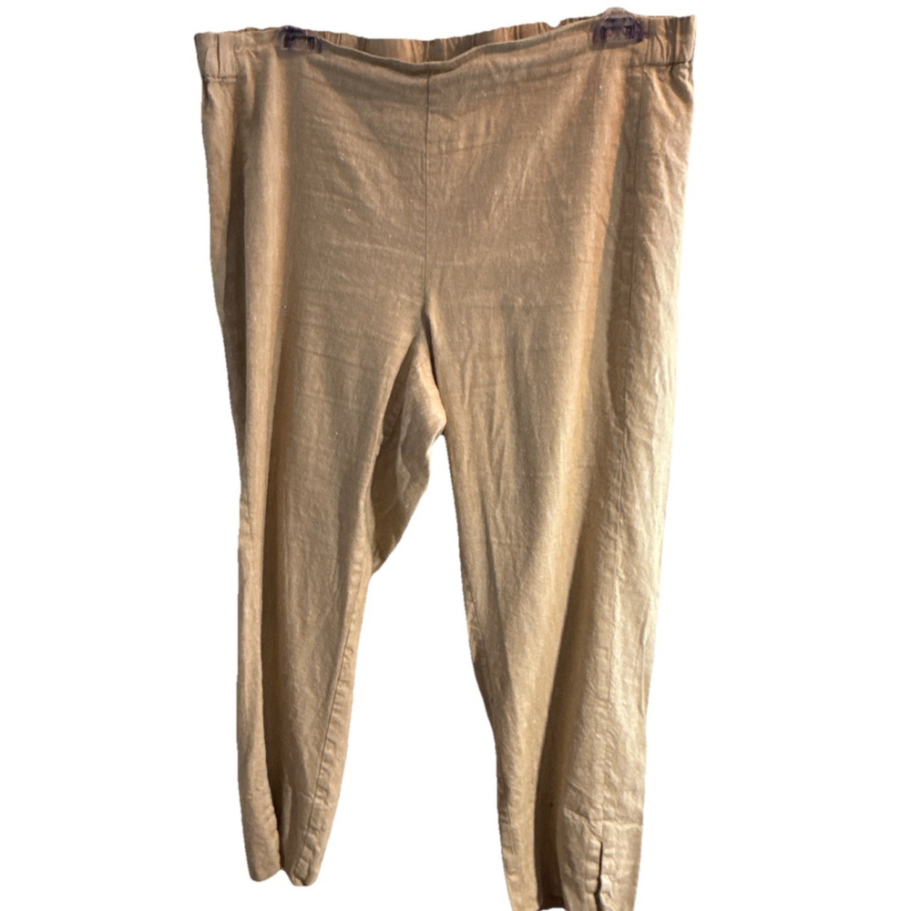 J Jill Linen Stretch Tan Large Pull On Pants 100% Linen Lagenlook Coastal Womens